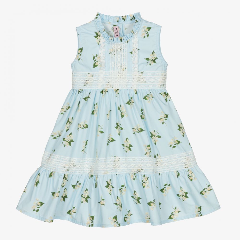 Phi Clothing - Girls Blue Floral Cotton Dress | Childrensalon