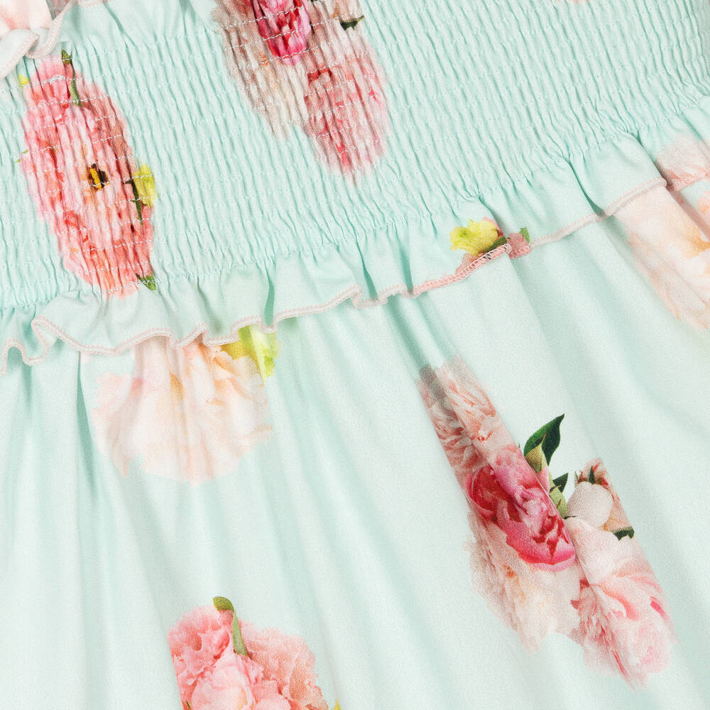 Phi Clothing-Girls Blue Floral Cotton Shirred Dress | Childrensalon Outlet