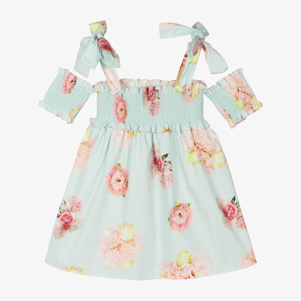 Phi Clothing-Голубое присборенное платье из хлопка с цветами | Childrensalon Outlet