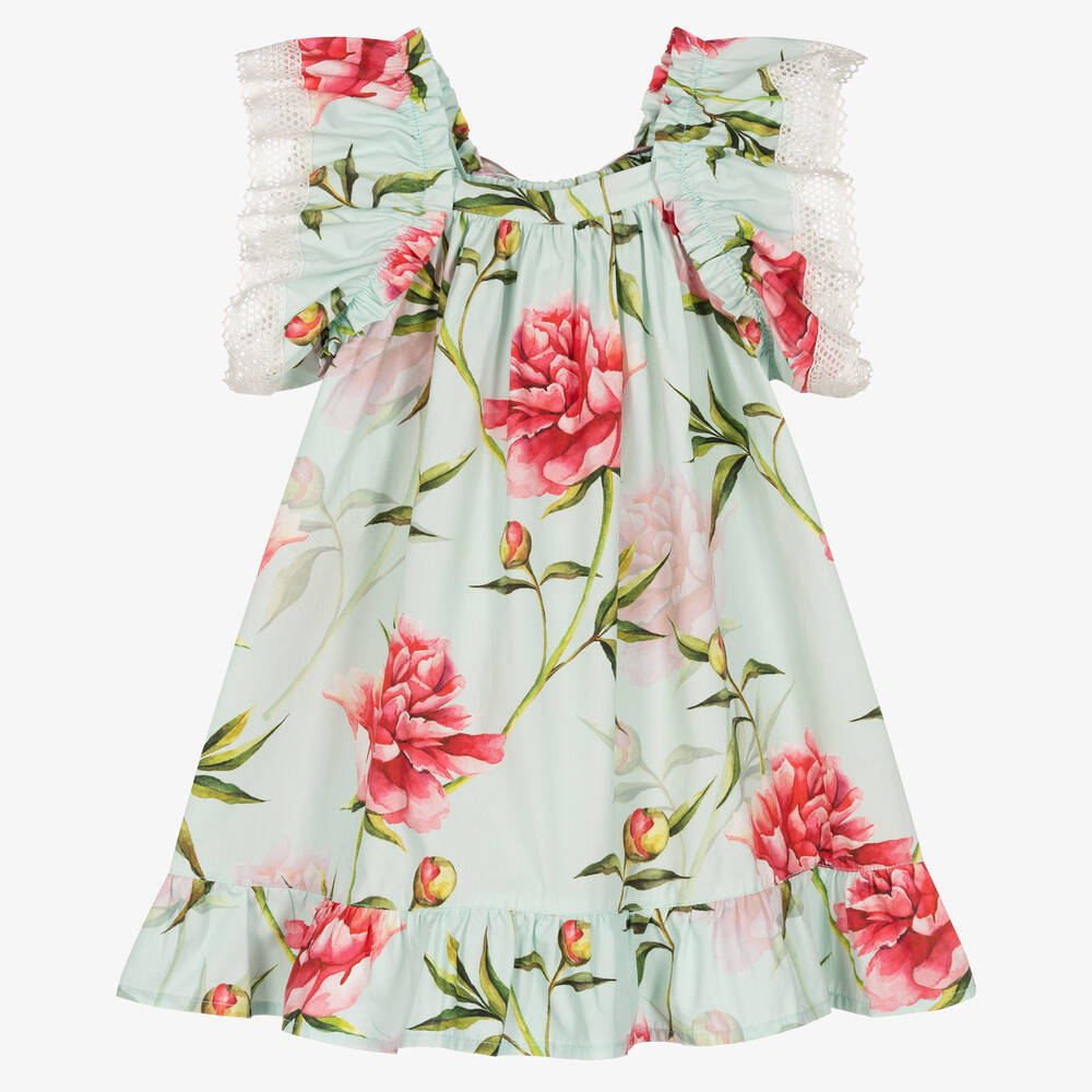 Phi Clothing - Robe coton bleu et rose à pivoines  | Childrensalon