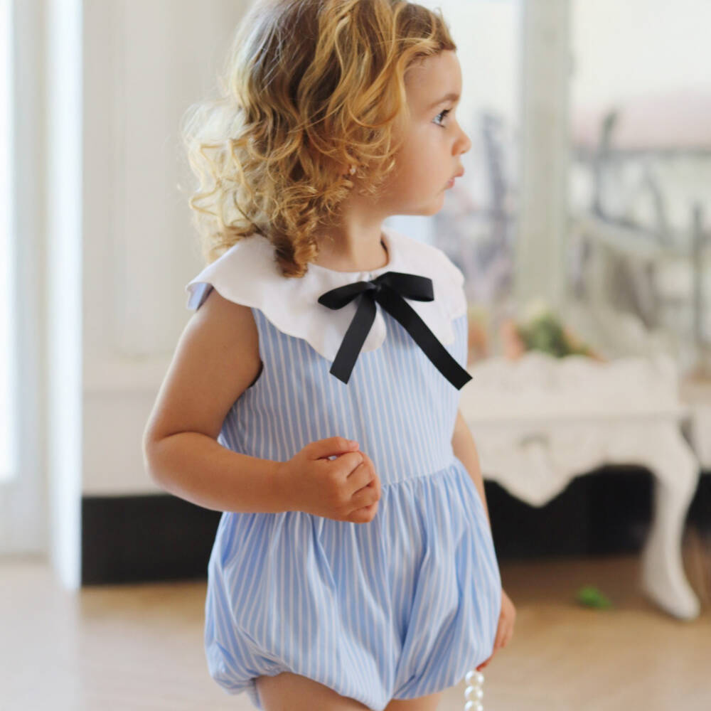 Phi Clothing-Girls Blue Striped Cotton Romper | Childrensalon Outlet