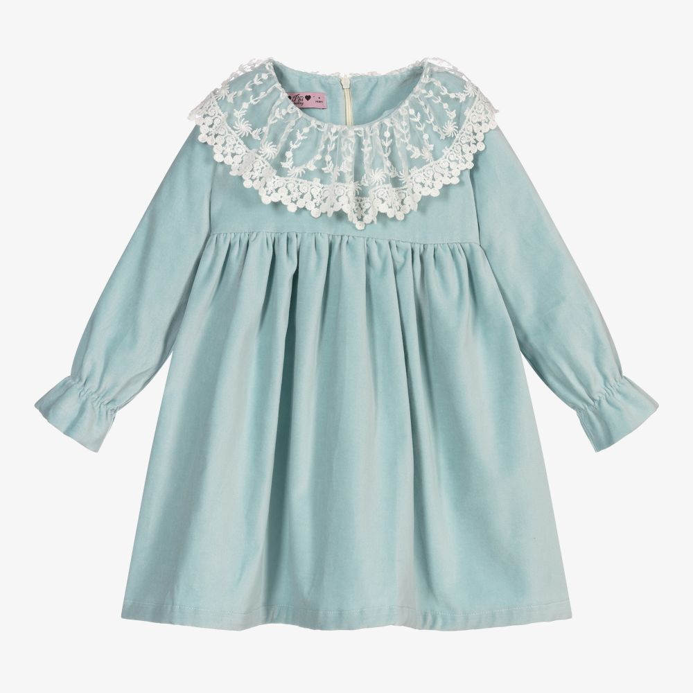 Phi Clothing - Голубое бархатное платье с кружевом для девочек | Childrensalon