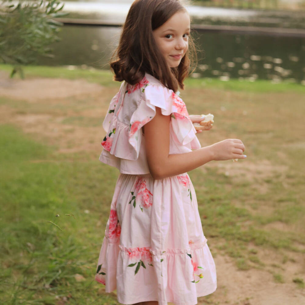 Phi Clothing-طقم قطني بناتي بلون وردي فاتح مزين بالزهور | Childrensalon Outlet