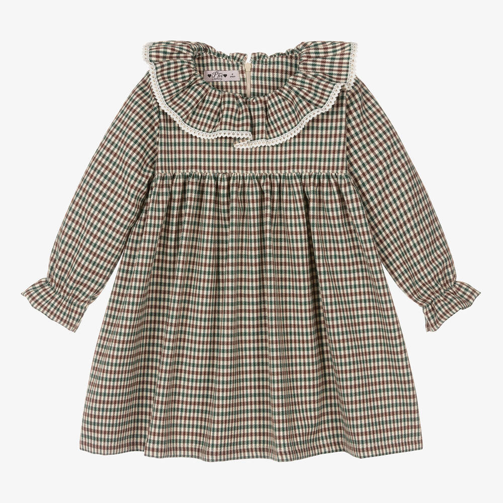 Phi Clothing - Платье в коричнево-зеленую клетку с рюшами | Childrensalon