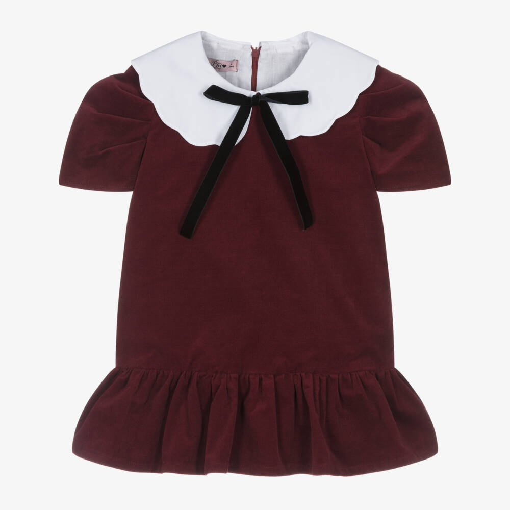 Phi Clothing-Girls Burgundy Red Velour Dress with Scalloped White Collar | Childrensalon Outlet