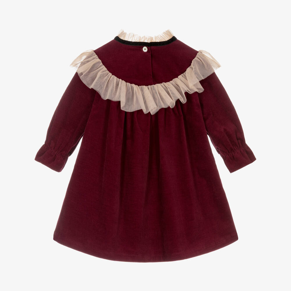 Phi Clothing-Girls Burgundy Red Velour Dress with Tulle Collar | Childrensalon Outlet