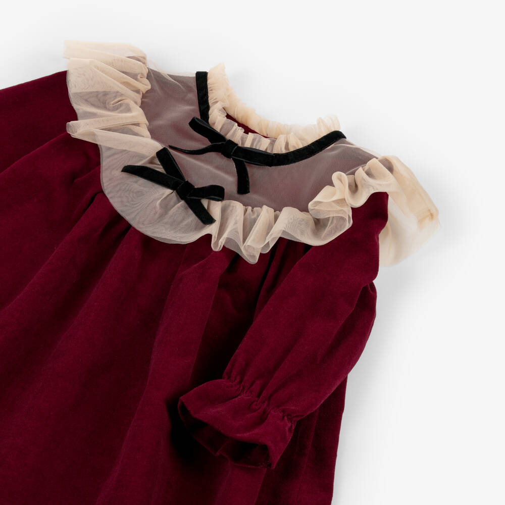 Phi Clothing-Girls Burgundy Red Velour Dress with Tulle Collar | Childrensalon Outlet