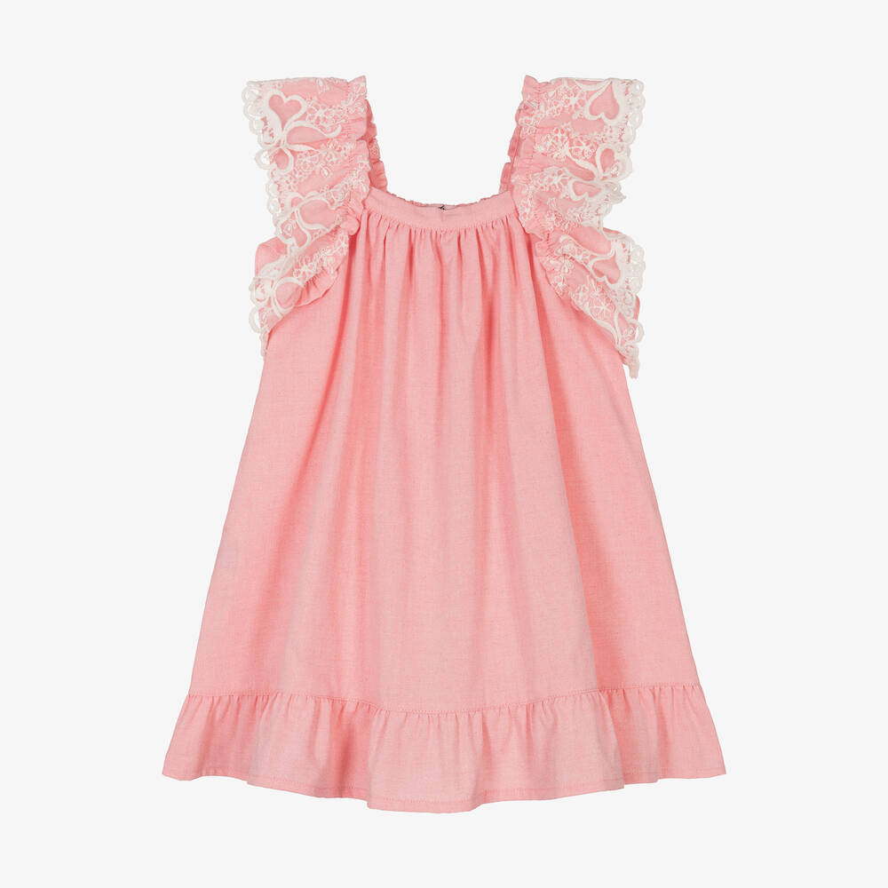 Phi Clothing - Girls Coral Pink Cotton Lace Dress | Childrensalon