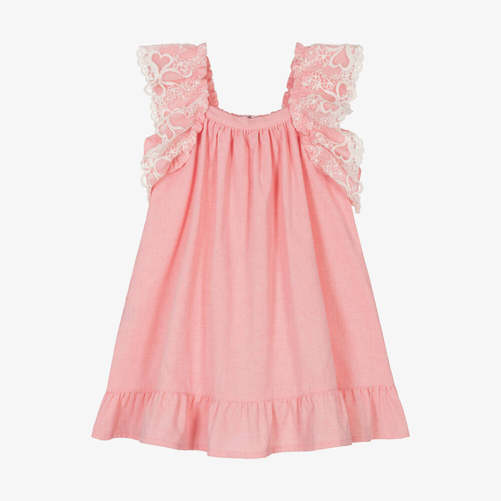 Phi Clothing - Korallenrosa Spitzen-Baumwollkleid | Childrensalon