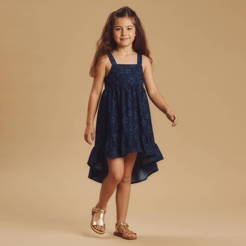 Phi Clothing-Girls Dark Blue Denim Dress with Jacquard Stars | Childrensalon Outlet