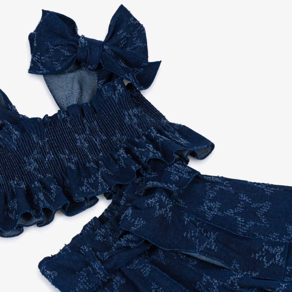 Phi Clothing-Girls Dark Blue Denim Shorts Set with Jacquard Stars | Childrensalon Outlet