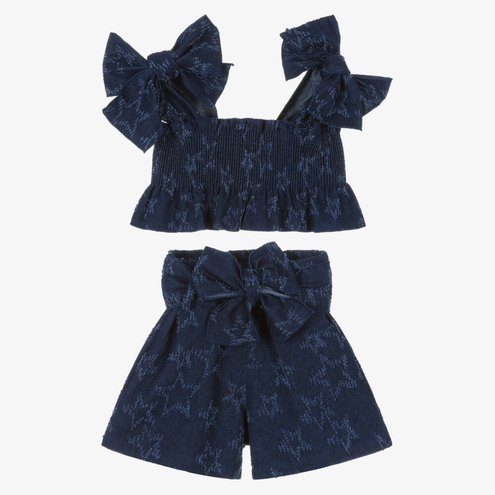 Phi Clothing-Girls Dark Blue Denim Shorts Set with Jacquard Stars | Childrensalon Outlet