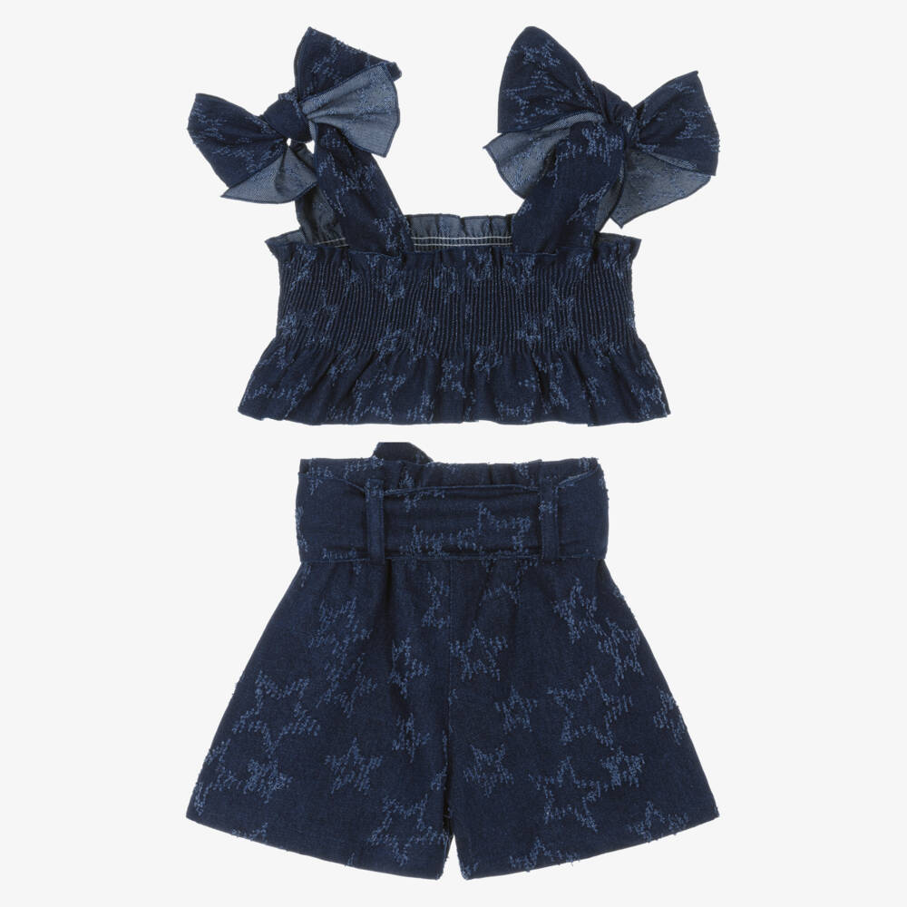 Phi Clothing-Girls Dark Blue Denim Shorts Set with Jacquard Stars | Childrensalon Outlet
