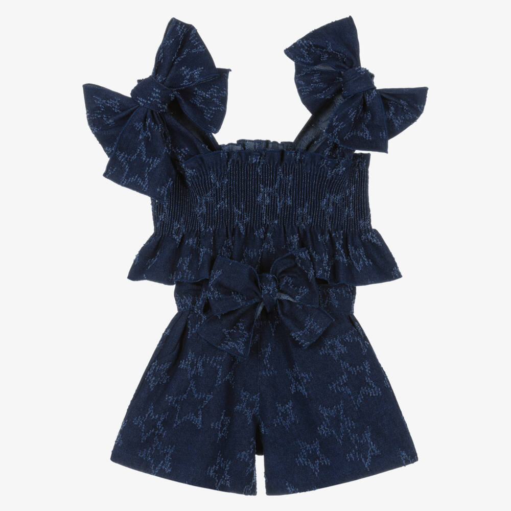 Phi Clothing-Girls Dark Blue Denim Shorts Set with Jacquard Stars | Childrensalon Outlet