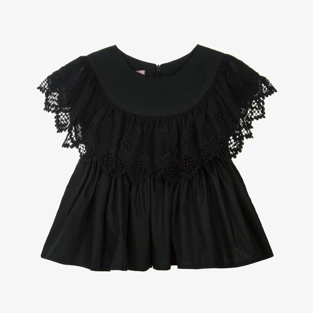 Phi Clothing-Элегантный кружевной топ с рюшами для девочек в черном цвете | Childrensalon Outlet