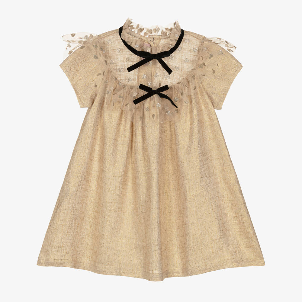 Phi Clothing-Girls Gold Shimmer Linen Dress | Childrensalon Outlet