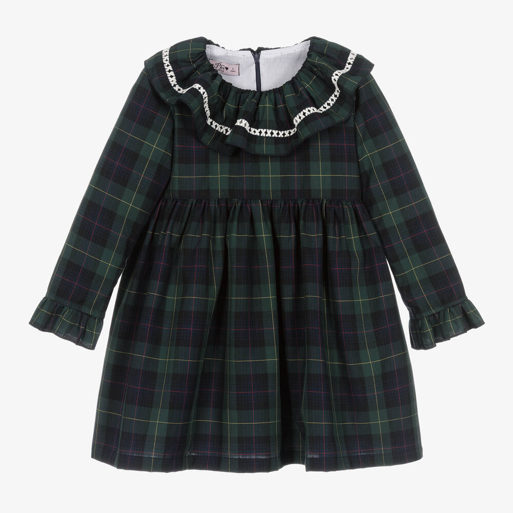 Phi Clothing - Girls Green Cotton Tartan Dress | Childrensalon