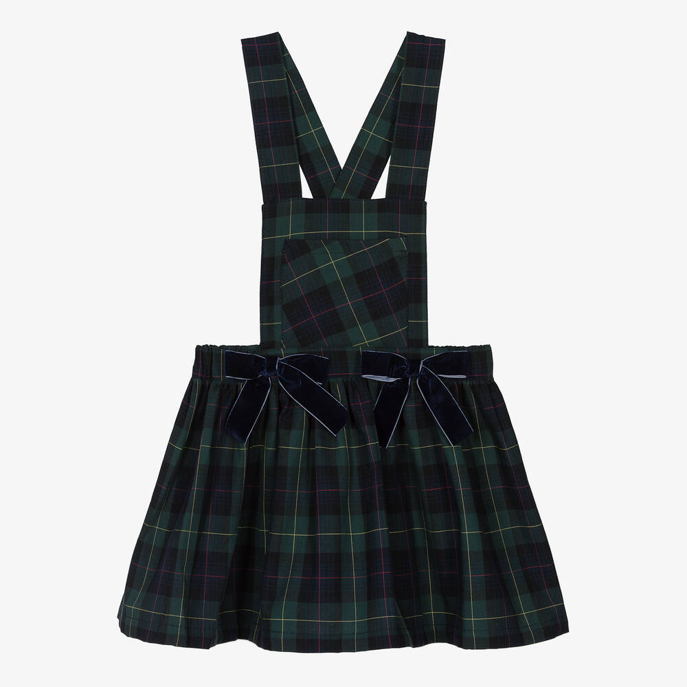 Phi Clothing - Girls Green Cotton Tartan Pinafore Dress | Childrensalon