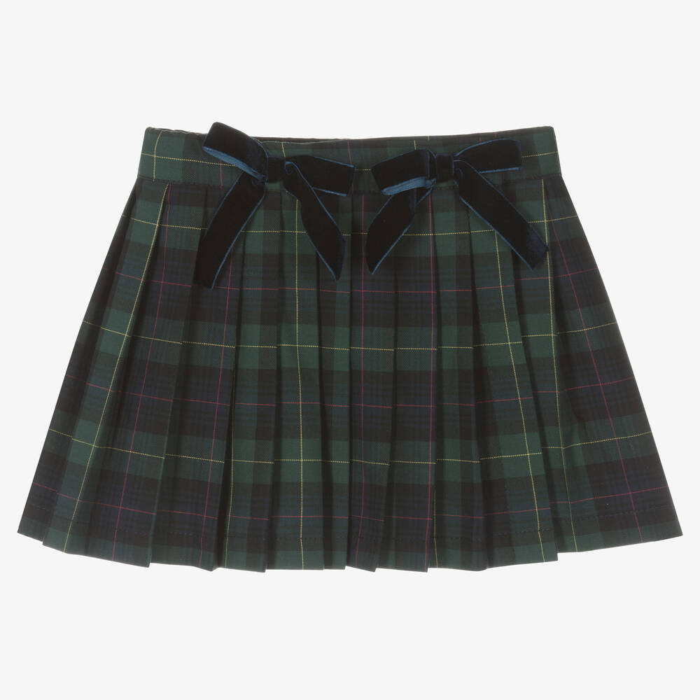 Phi Clothing - Girls Green Tartan Cotton Pleated Skirt | Childrensalon