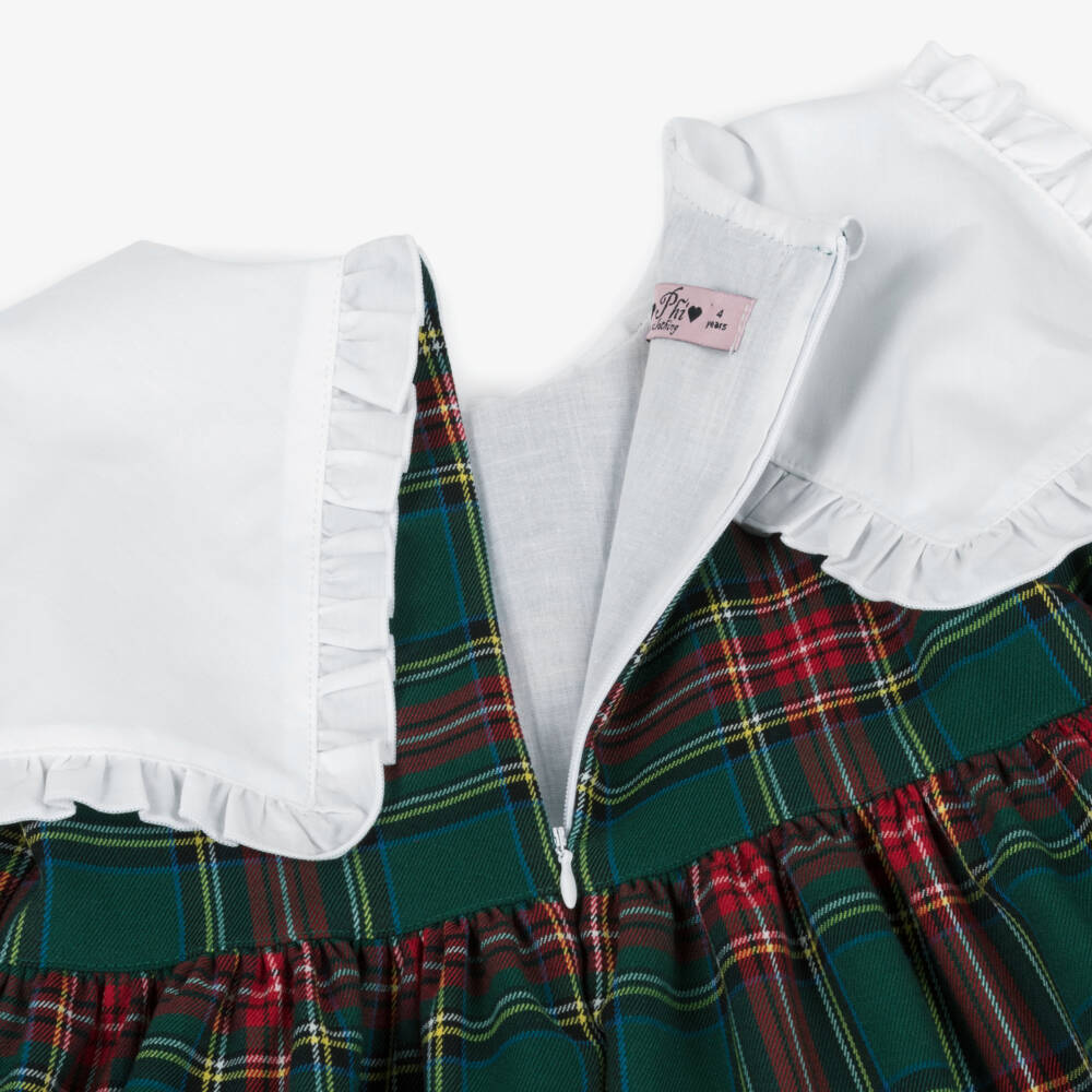 Phi Clothing-Girls Green Tartan Dress with White Collar | Childrensalon Outlet