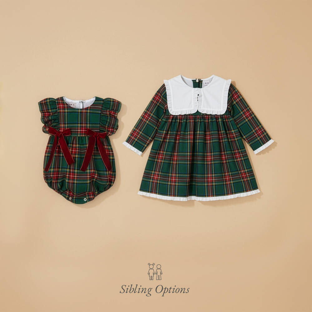 Phi Clothing-Girls Green Tartan Dress with White Collar | Childrensalon Outlet