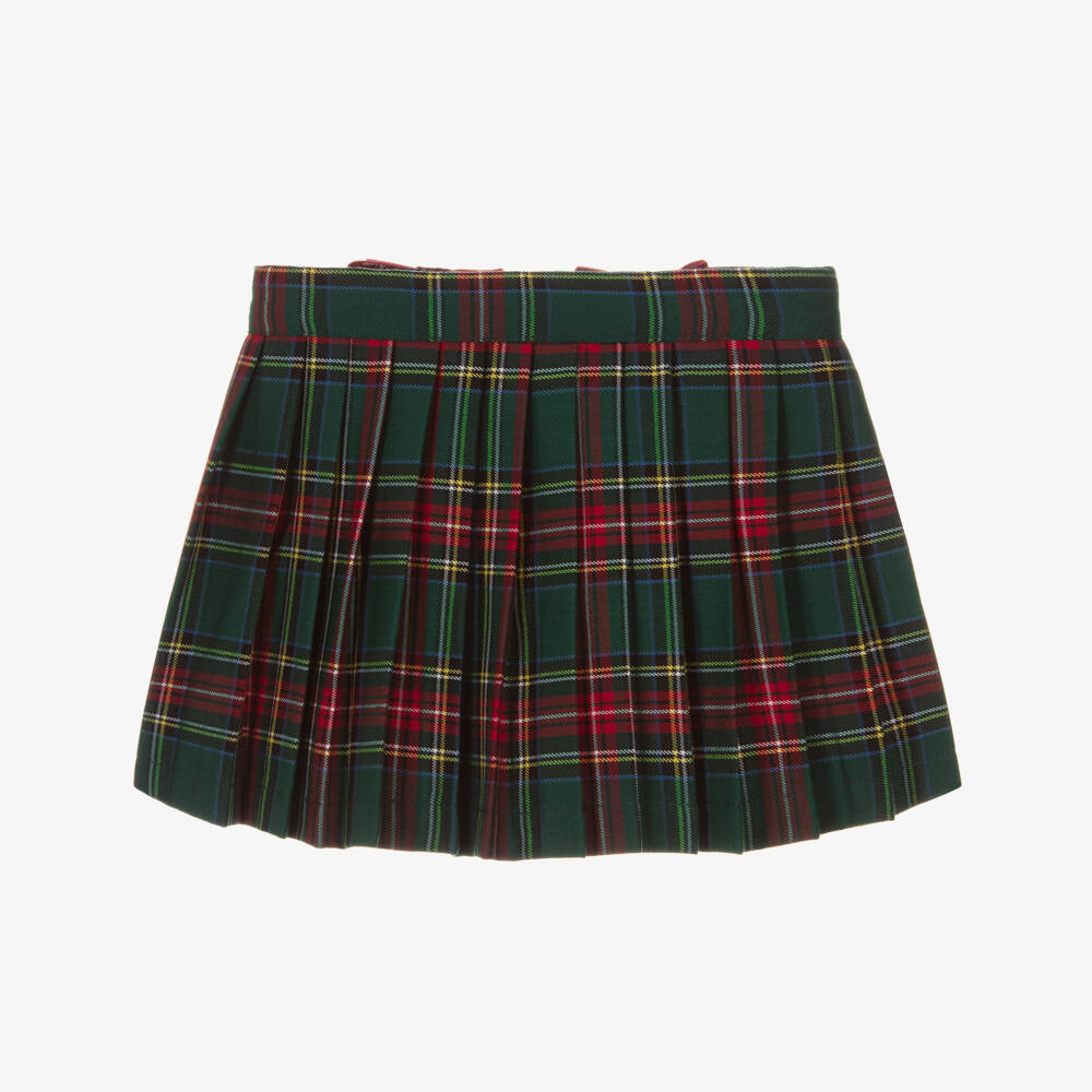 Phi Clothing-Girls Green Tartan Pleated Skirt with Red Velvet Bows | Childrensalon Outlet
