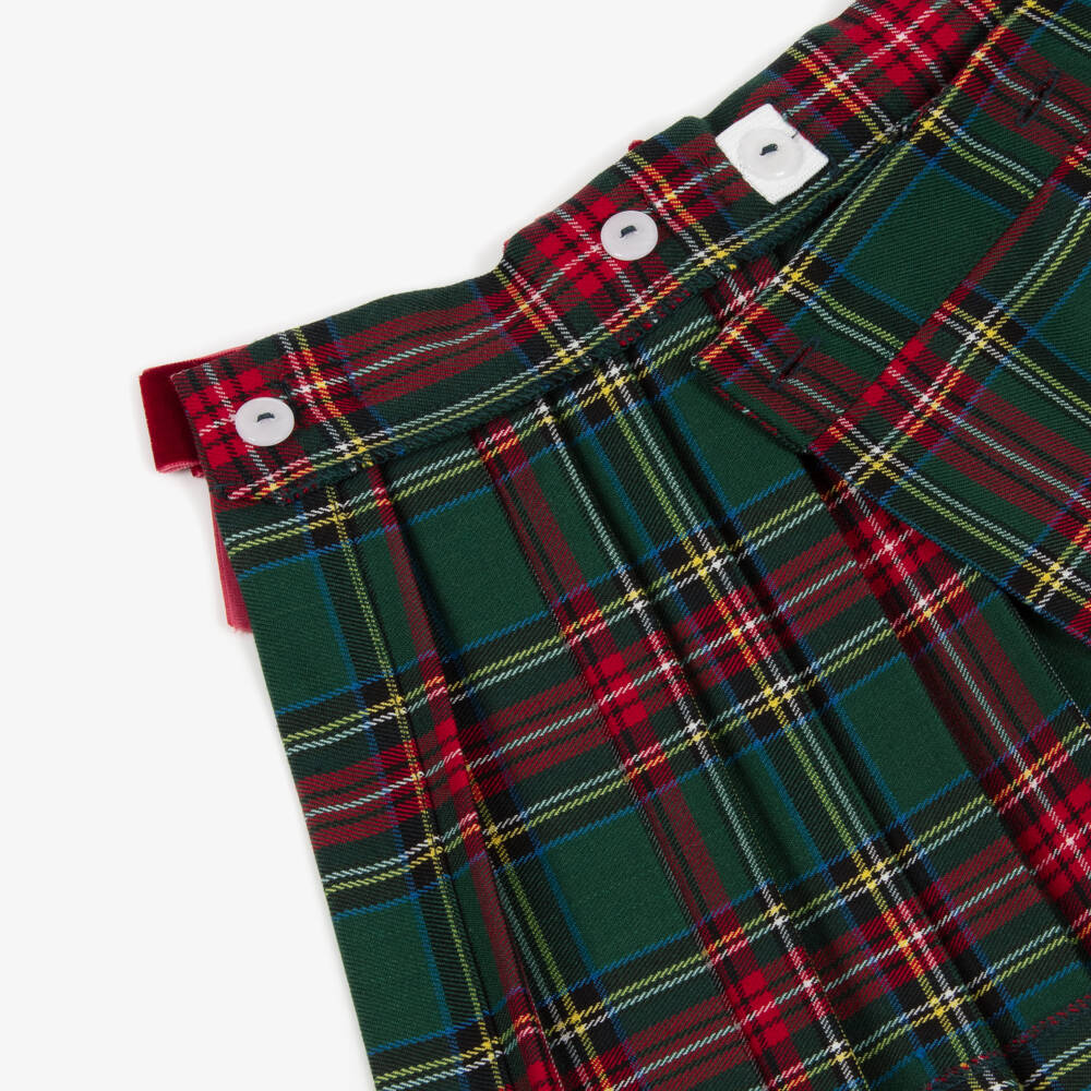 Phi Clothing-Girls Green Tartan Pleated Skirt with Red Velvet Bows | Childrensalon Outlet