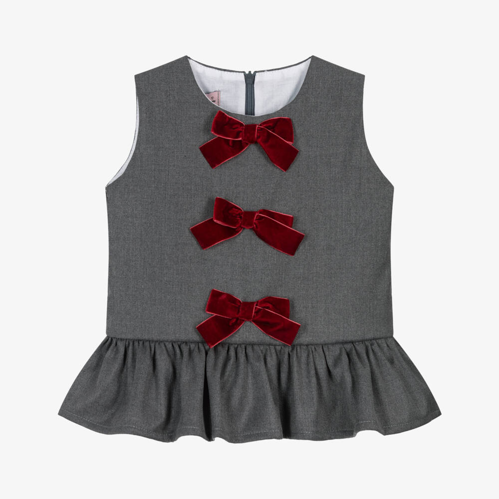 Phi Clothing-Girls Grey Dress with Velvet Bows | Childrensalon Outlet