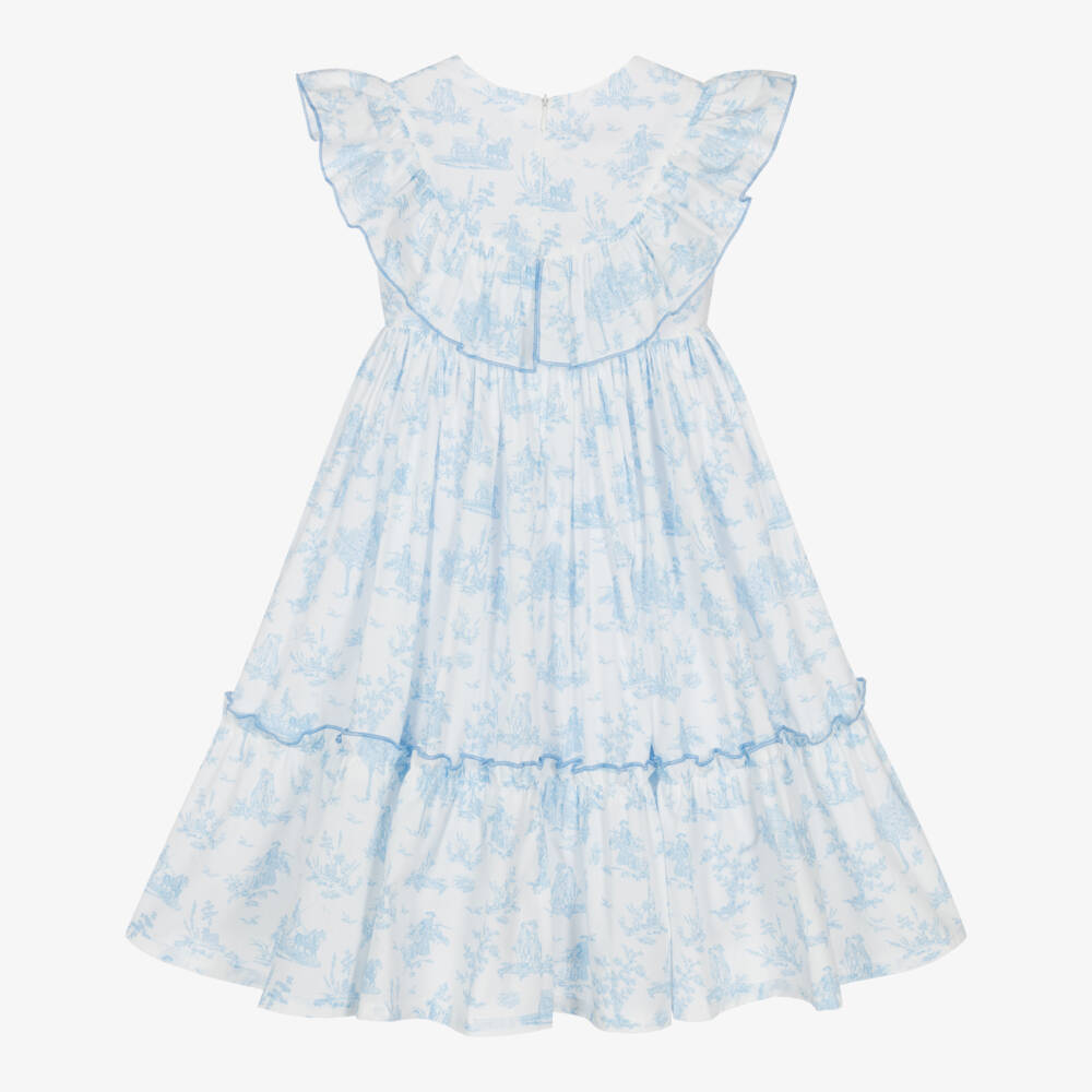 Phi Clothing-Girls Ivory & Azure Toile Dress | Childrensalon Outlet