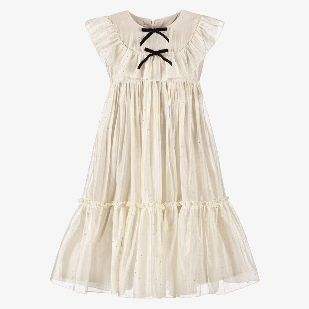 Phi Clothing-Girls Ivory Chiffon & Diamanté Dress with Velvet Bows | Childrensalon Outlet