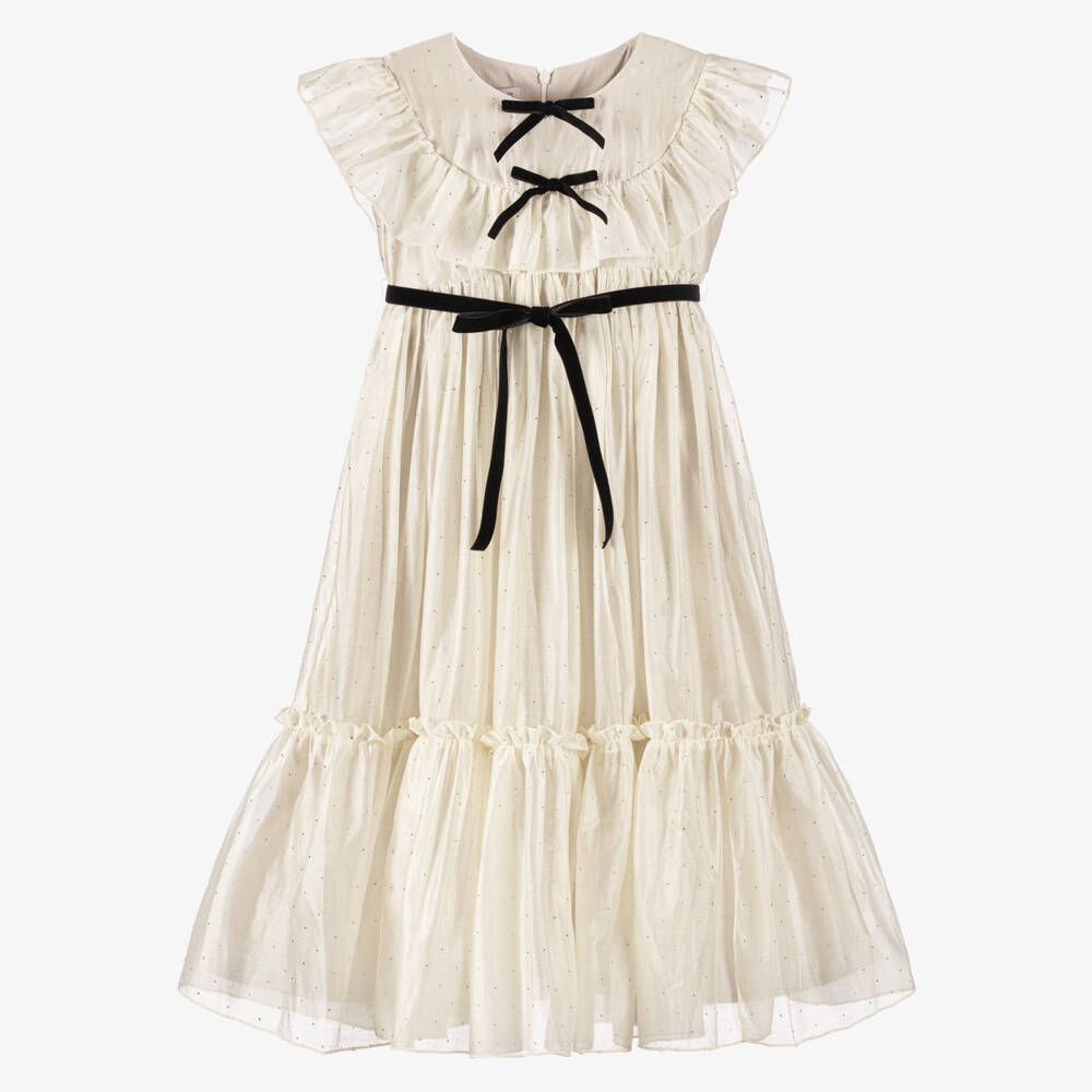 Phi Clothing-Girls Ivory Chiffon & Diamanté Dress with Velvet Bows | Childrensalon Outlet