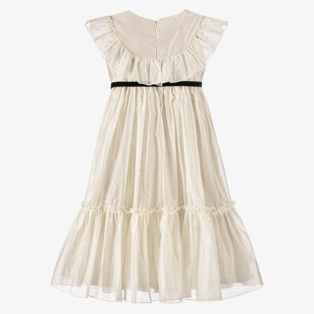 Phi Clothing-Girls Ivory Chiffon & Diamanté Dress with Velvet Bows | Childrensalon Outlet