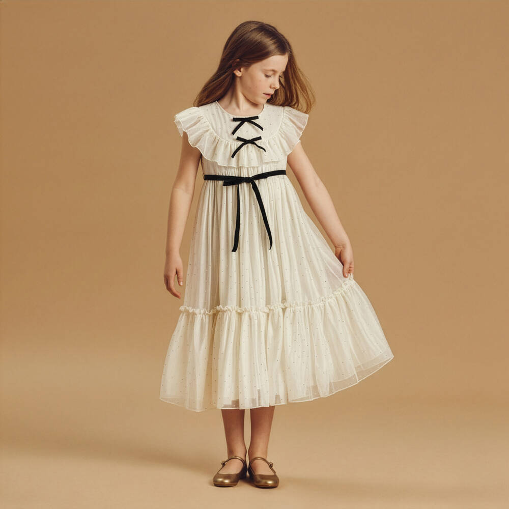 Phi Clothing-Girls Ivory Chiffon & Diamanté Dress with Velvet Bows | Childrensalon Outlet