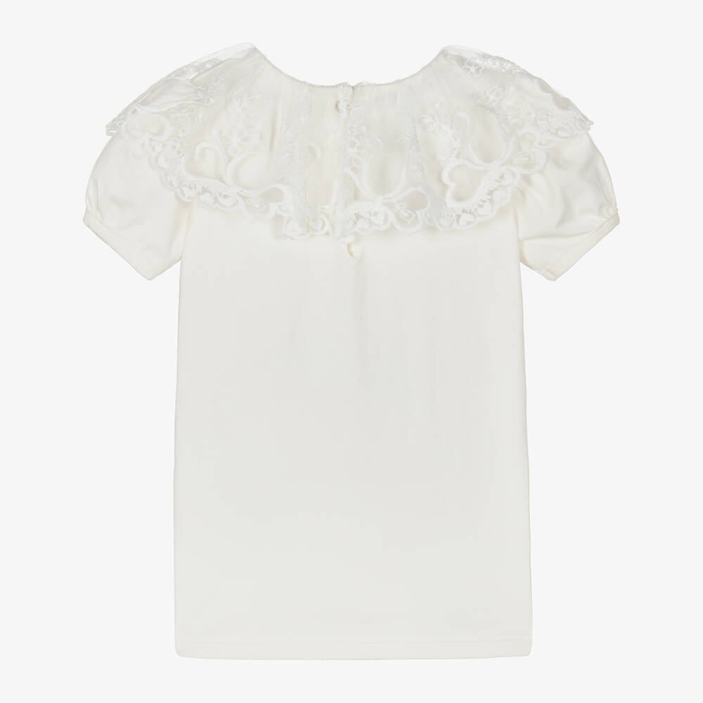 Phi Clothing-Girls Ivory Cotton & Lace T-Shirt | Childrensalon Outlet
