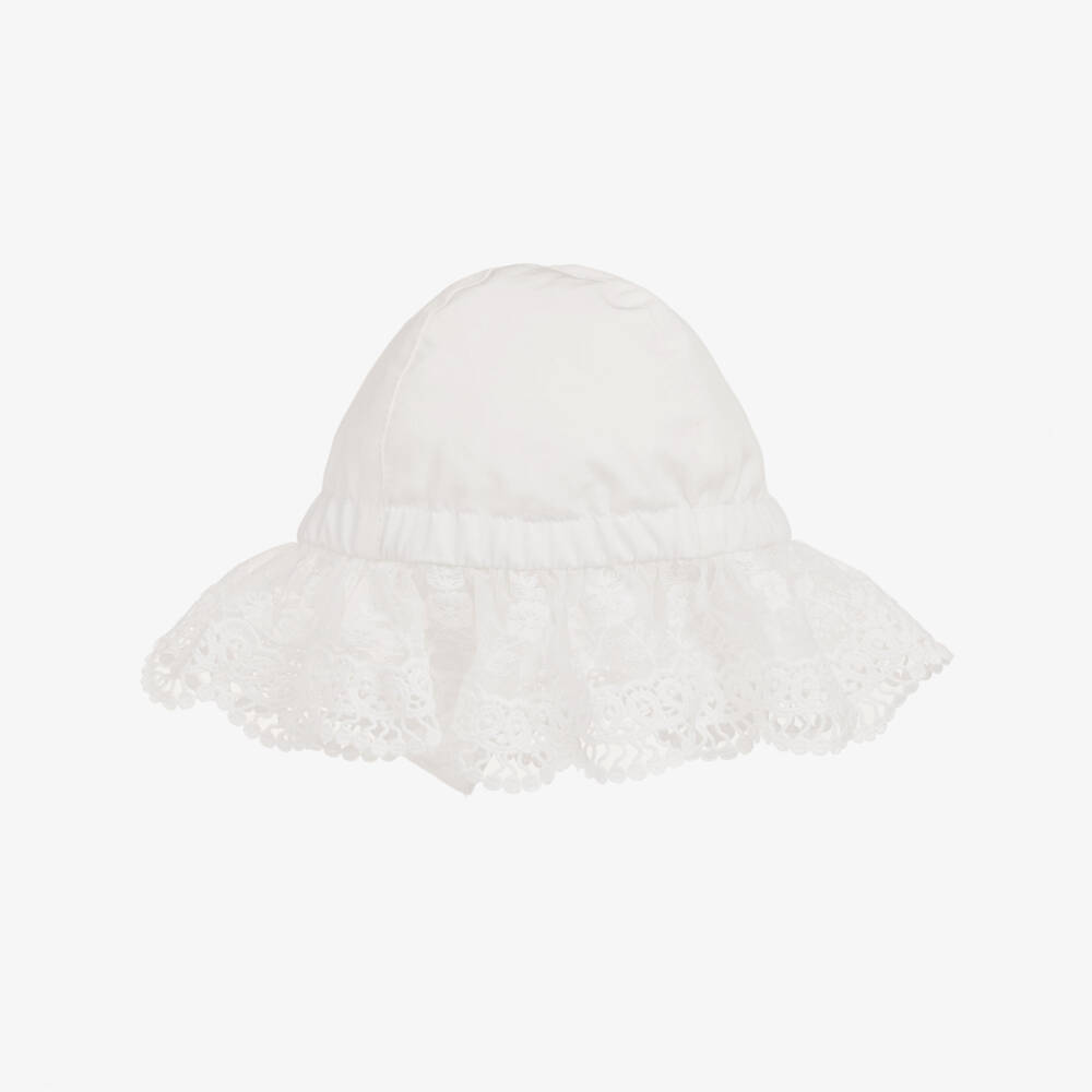 Phi Clothing-Girls Ivory Cotton & Lace Trim Hat | Childrensalon Outlet