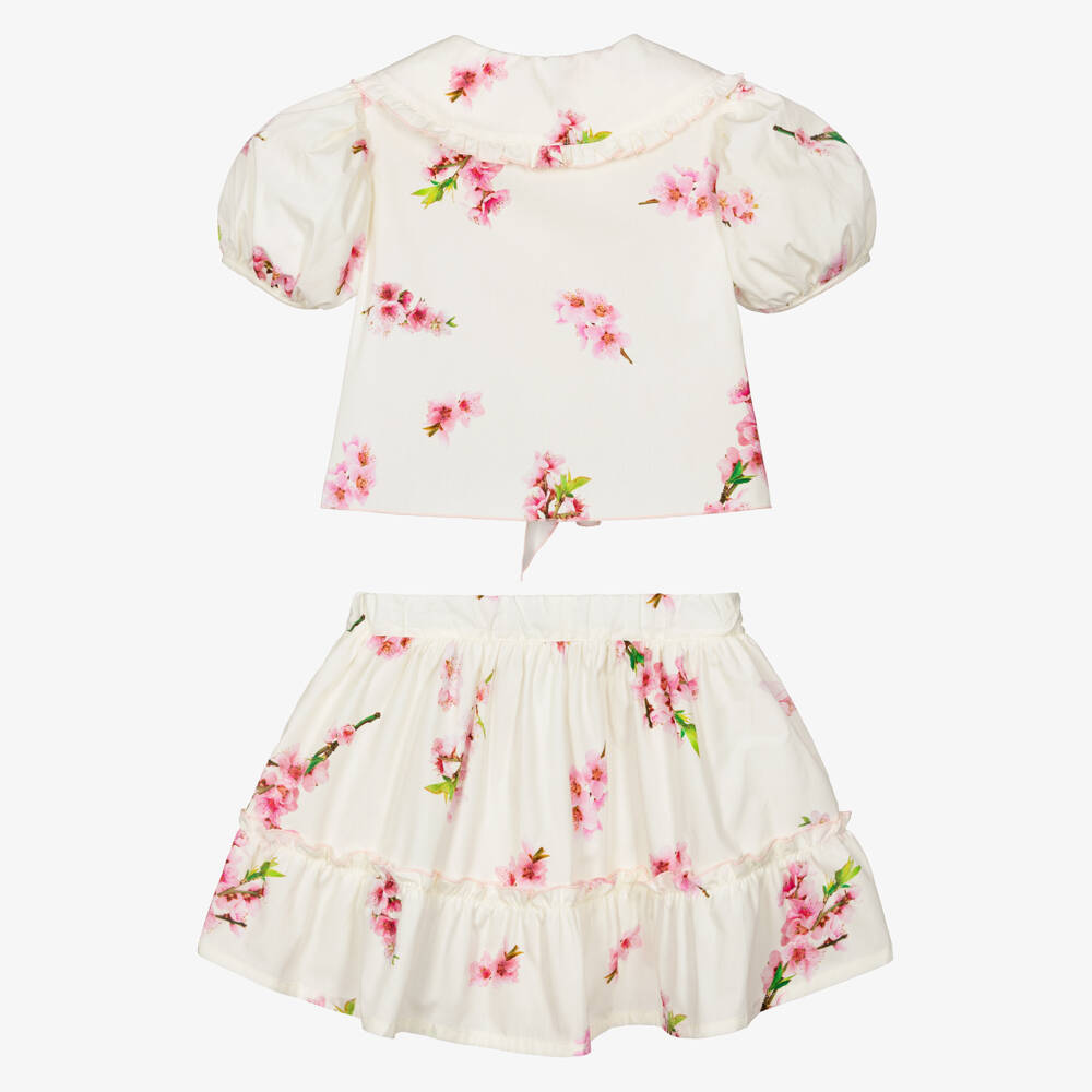 Phi Clothing-Girls Ivory Cotton Skirt Set with Pink Blossom Print | Childrensalon Outlet