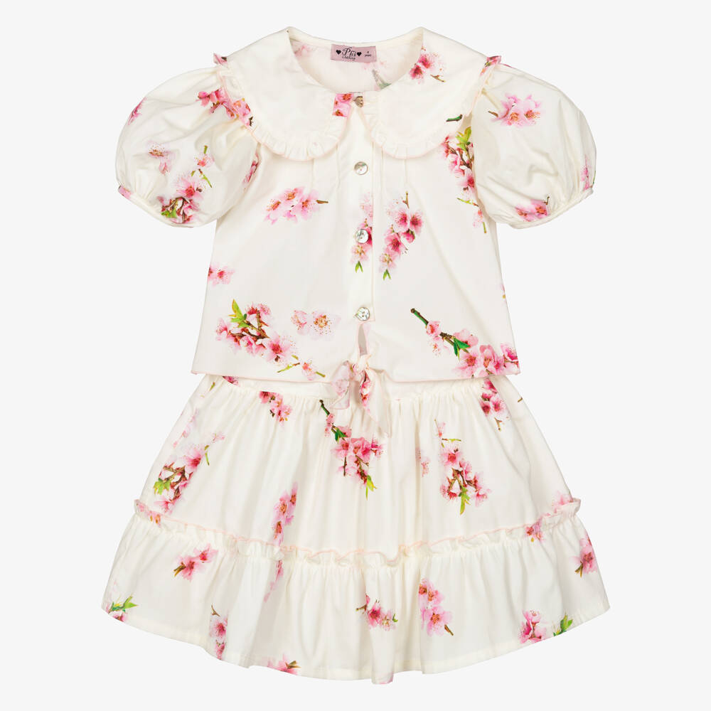 Phi Clothing-Girls Ivory Cotton Skirt Set with Pink Blossom Print | Childrensalon Outlet