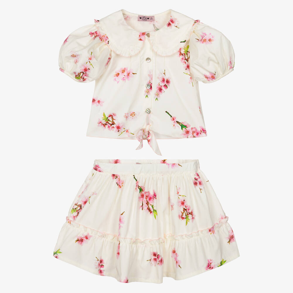 Phi Clothing-Girls Ivory Cotton Skirt Set with Pink Blossom Print | Childrensalon Outlet