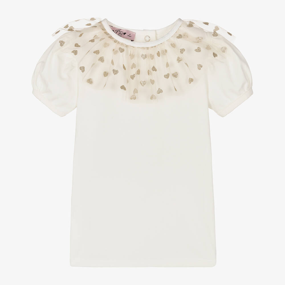 Phi Clothing-تيشيرت قطن لون عاجي مزين بكشكش تول للبنات | Childrensalon Outlet