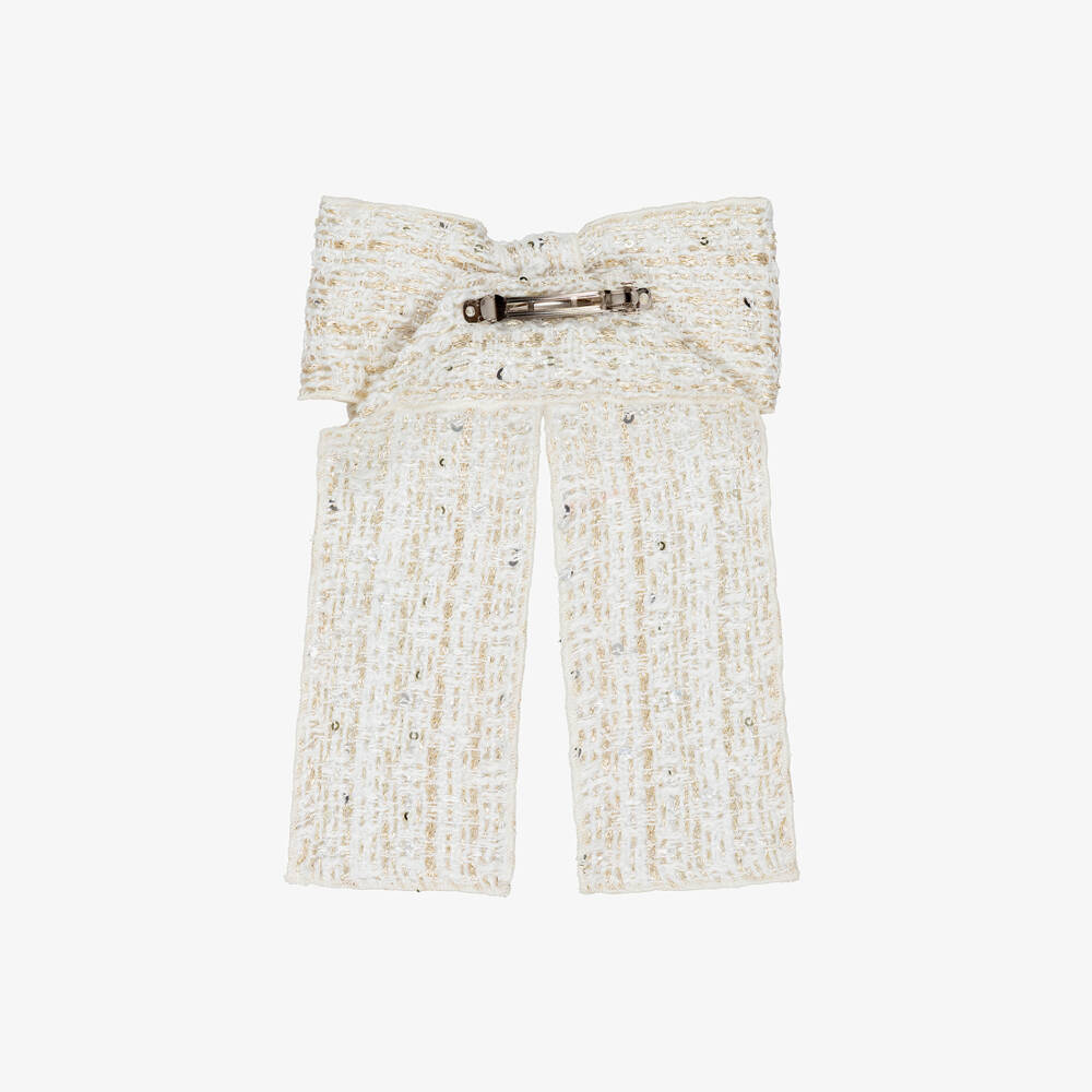 Phi Clothing-Girls Ivory & Gold Tweed Bow Hair Clip | Childrensalon Outlet
