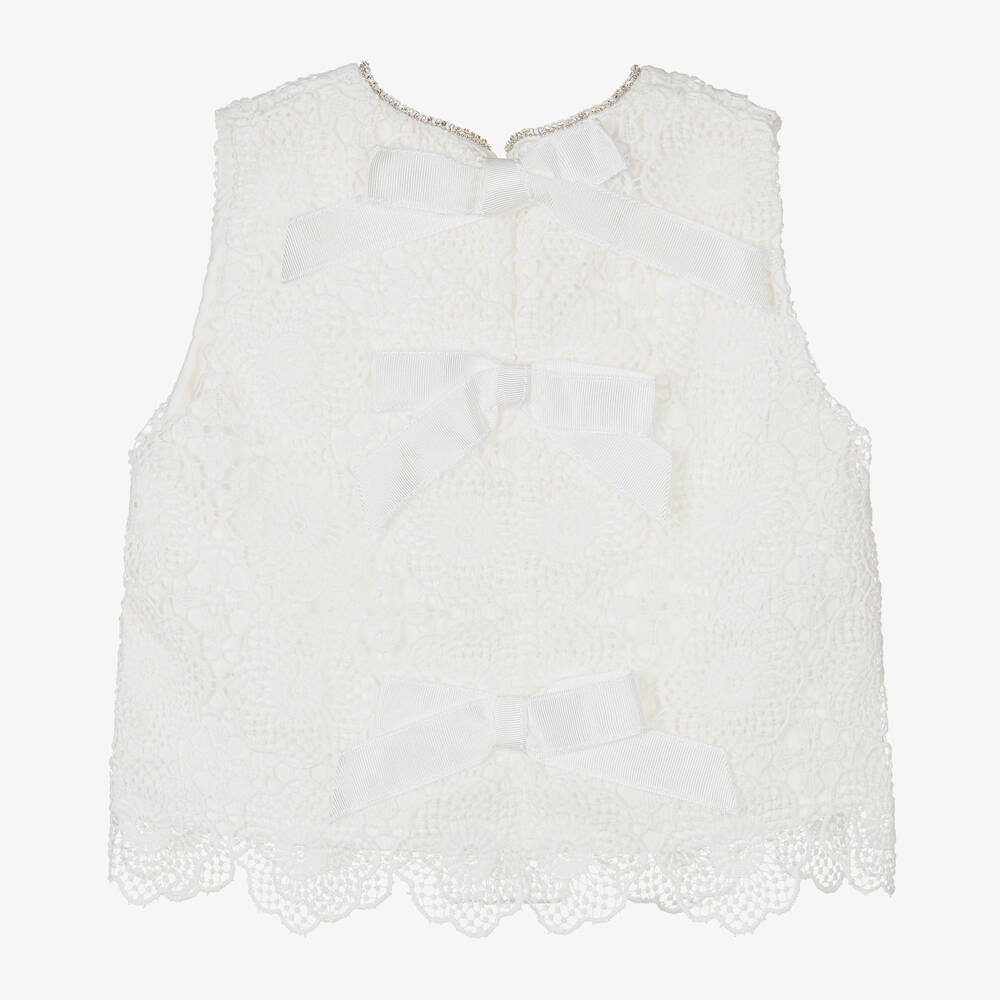 Phi Clothing-توب قطن مزين بدانتيل وديامنتي لون عاجي للبنات | Childrensalon Outlet