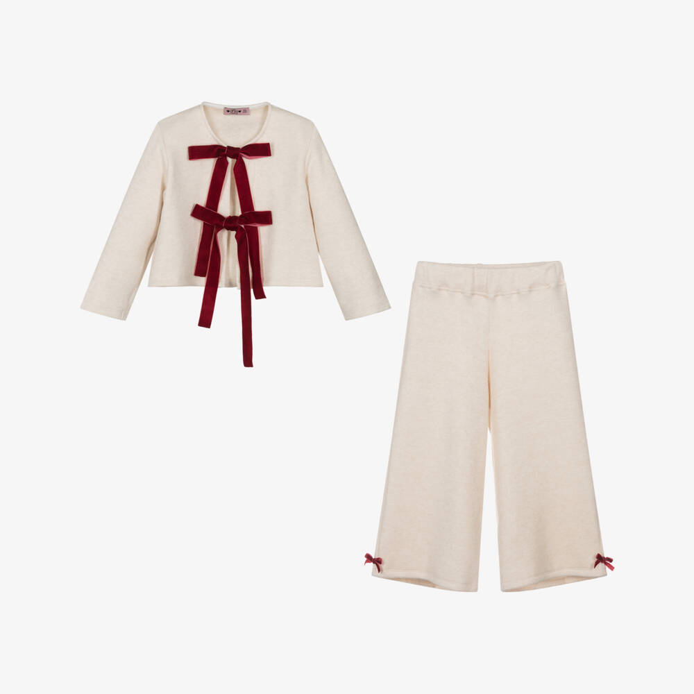 Phi Clothing-Girls Ivory Knitted Trouser Set with Ribbon Ties | Childrensalon Outlet