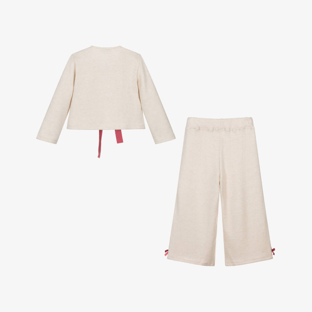 Phi Clothing-Girls Ivory Knitted Trouser Set with Ribbon Ties | Childrensalon Outlet
