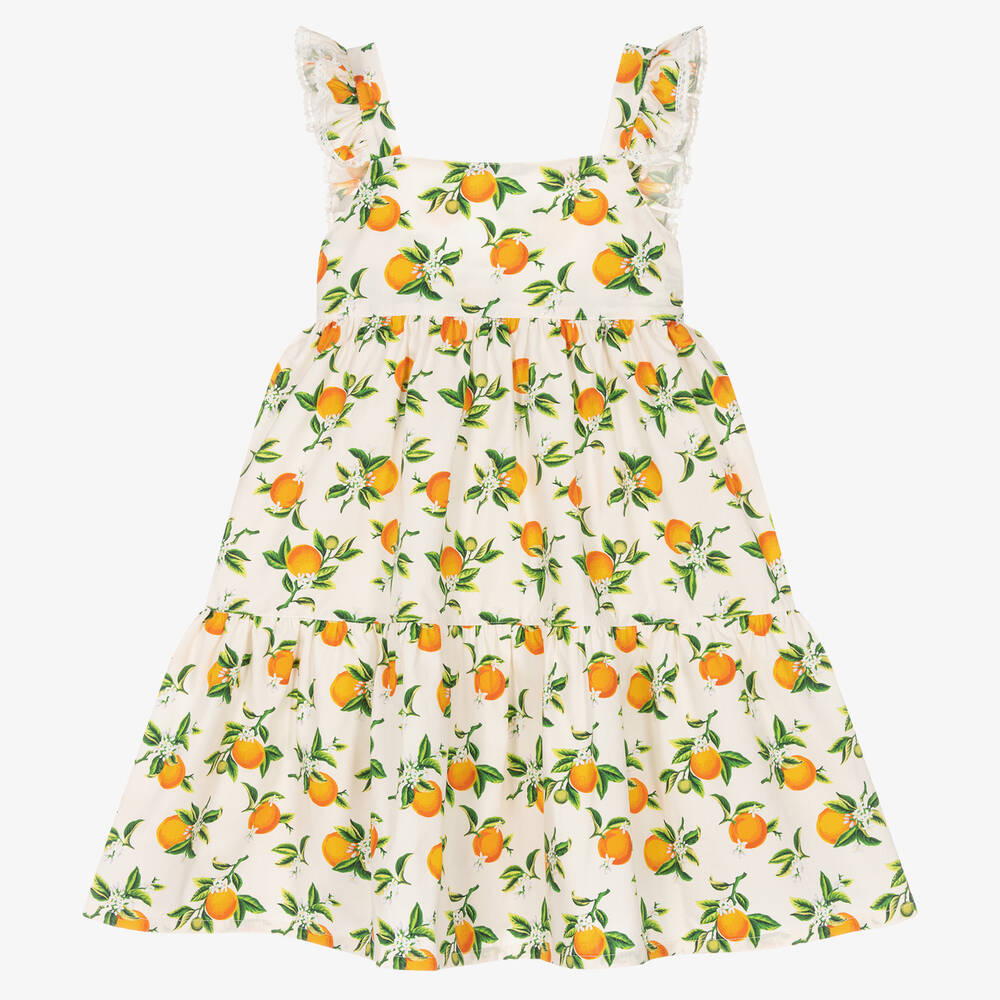 Phi Clothing - Girls Ivory & Orange Cotton Dress | Childrensalon