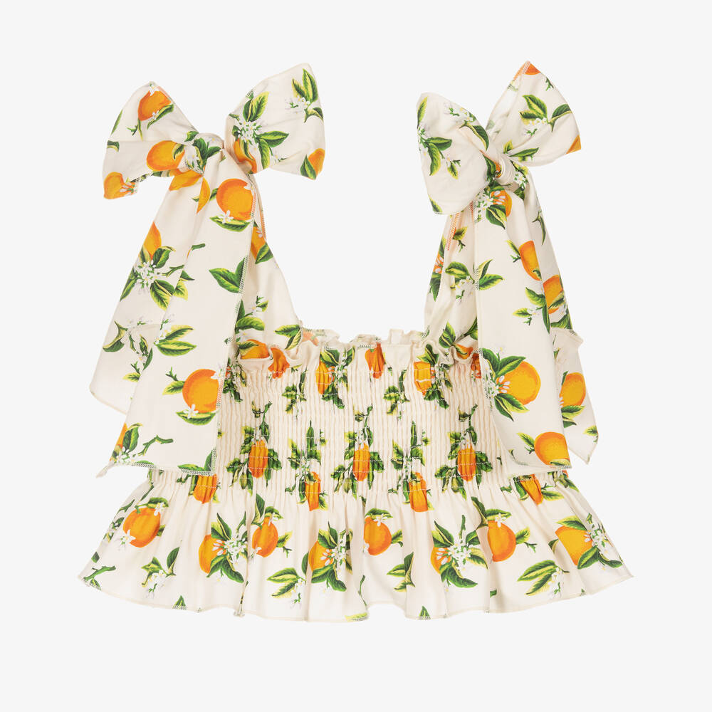 Phi Clothing - Girls Ivory & Orange Cotton Shirred Top  | Childrensalon
