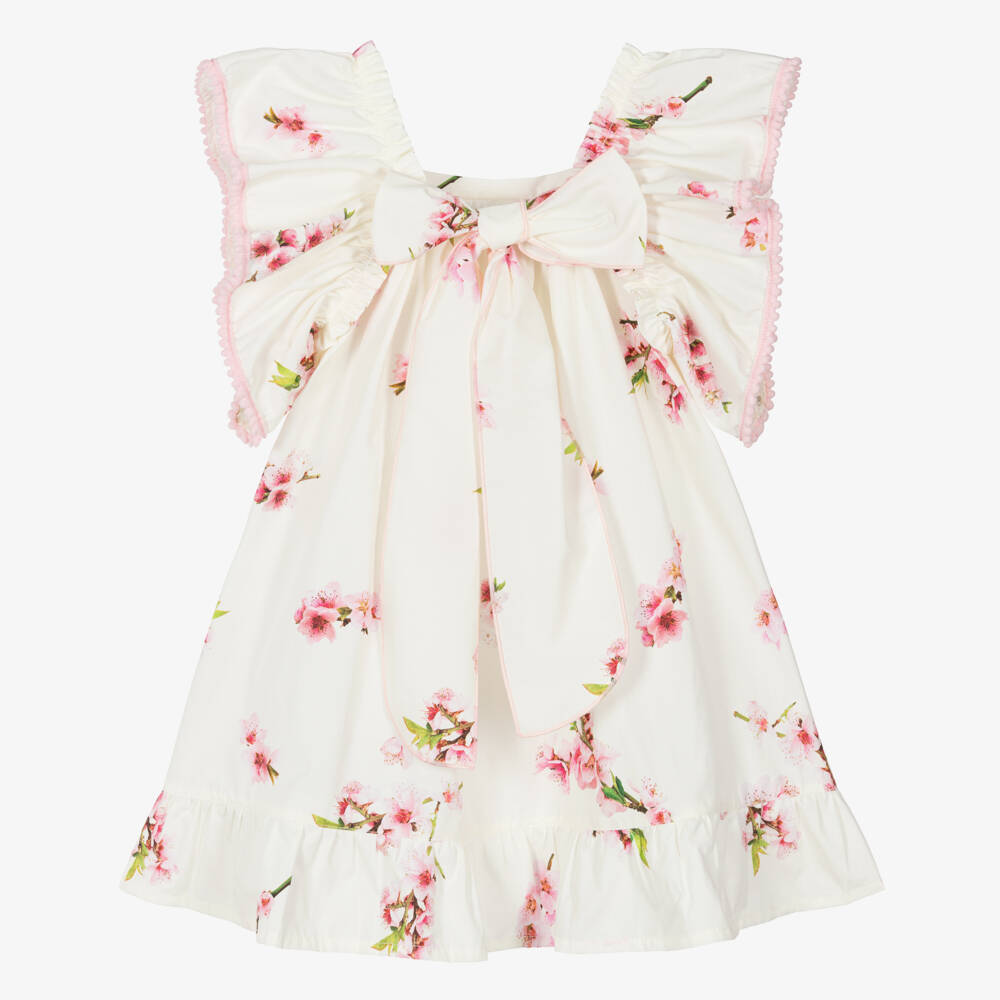 Phi Clothing-Girls Ivory & Pink Floral Dress with Pom-Pom Trim | Childrensalon Outlet