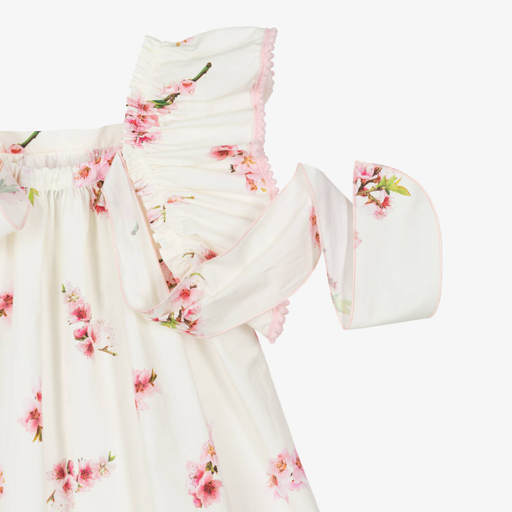 Phi Clothing-Girls Ivory & Pink Floral Dress with Pom-Pom Trim | Childrensalon Outlet