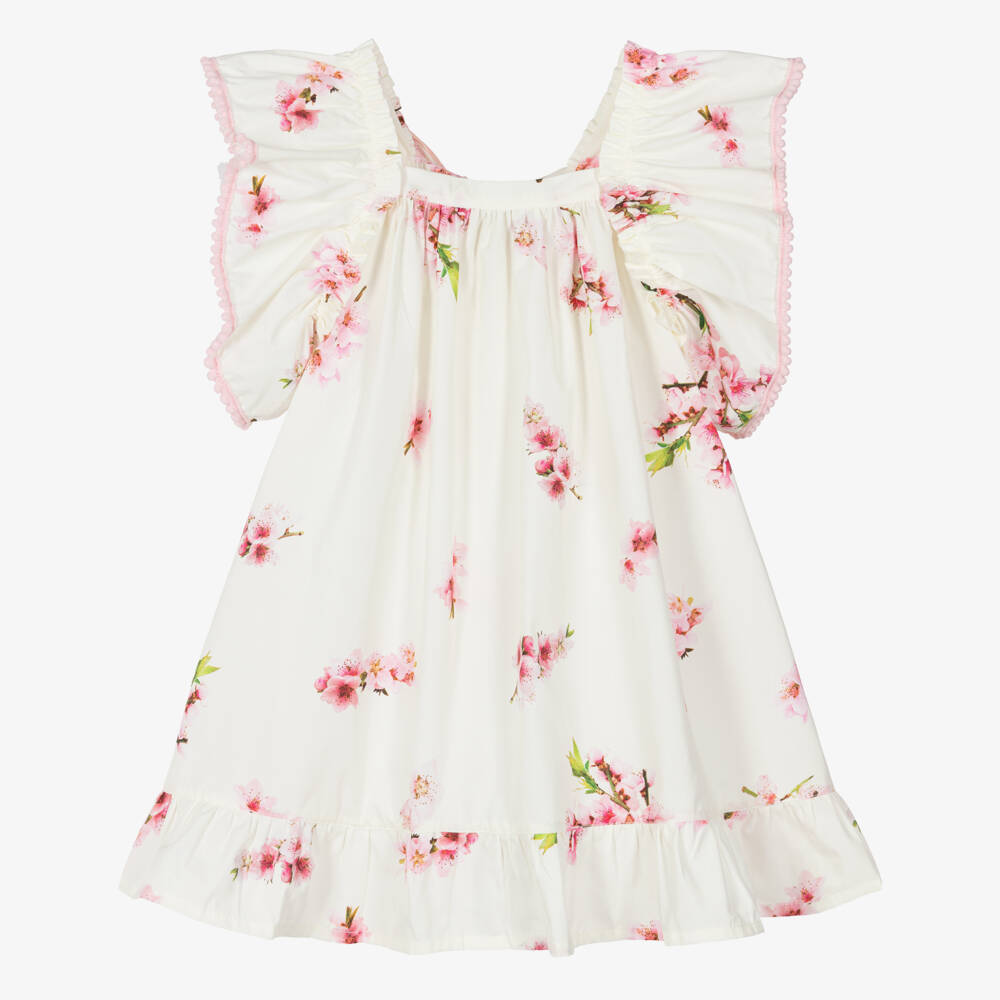 Phi Clothing-Girls Ivory & Pink Floral Dress with Pom-Pom Trim | Childrensalon Outlet