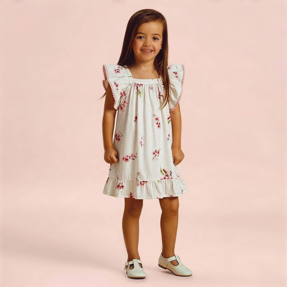 Phi Clothing-Girls Ivory & Pink Floral Dress with Pom-Pom Trim | Childrensalon Outlet