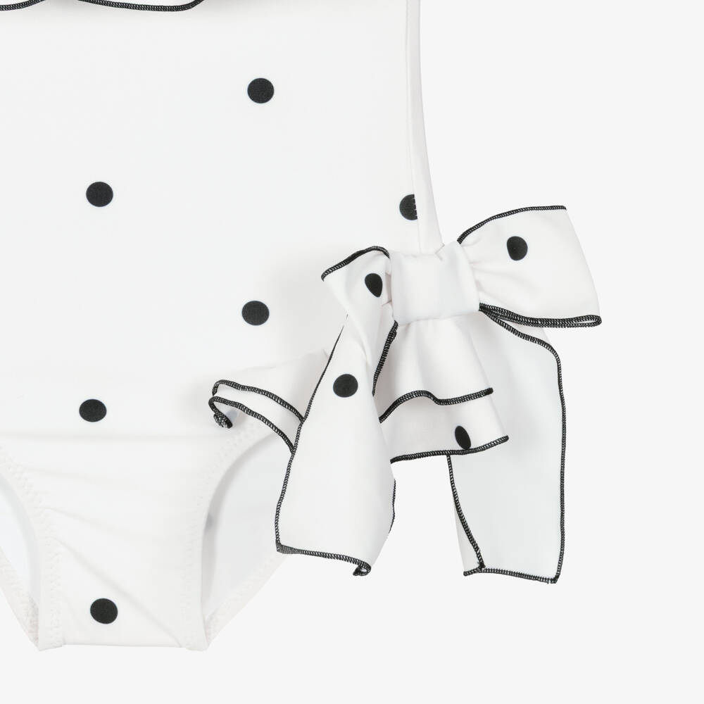 Phi Clothing-Girls Ivory Ruffle Swimsuit with Black Polka Dots | Childrensalon Outlet